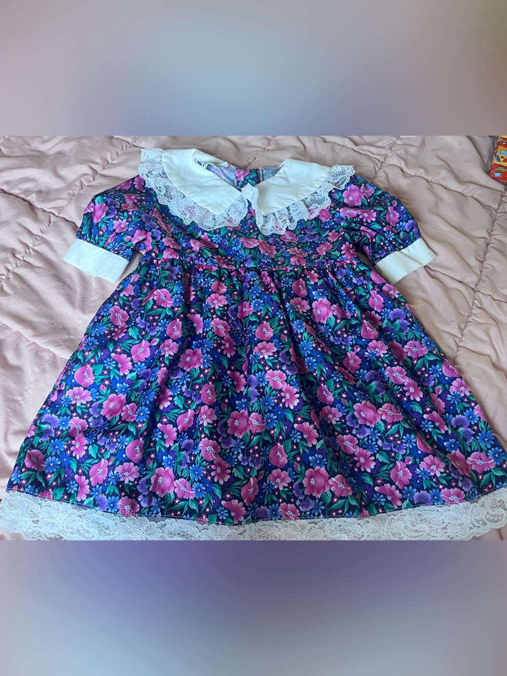 Vintage Floral Cotton Apron Dress in Purple and Pink